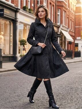 Guess Black Dress Coat Jacket Womens XS Pleated Swing Fit Flare Flared Sleeve